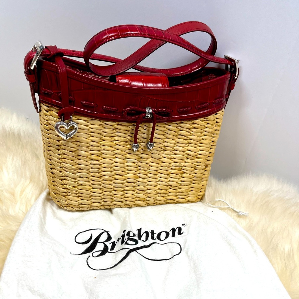 Brighton Straw / Leather Shoulder Bag Red Leather Braided Raffia